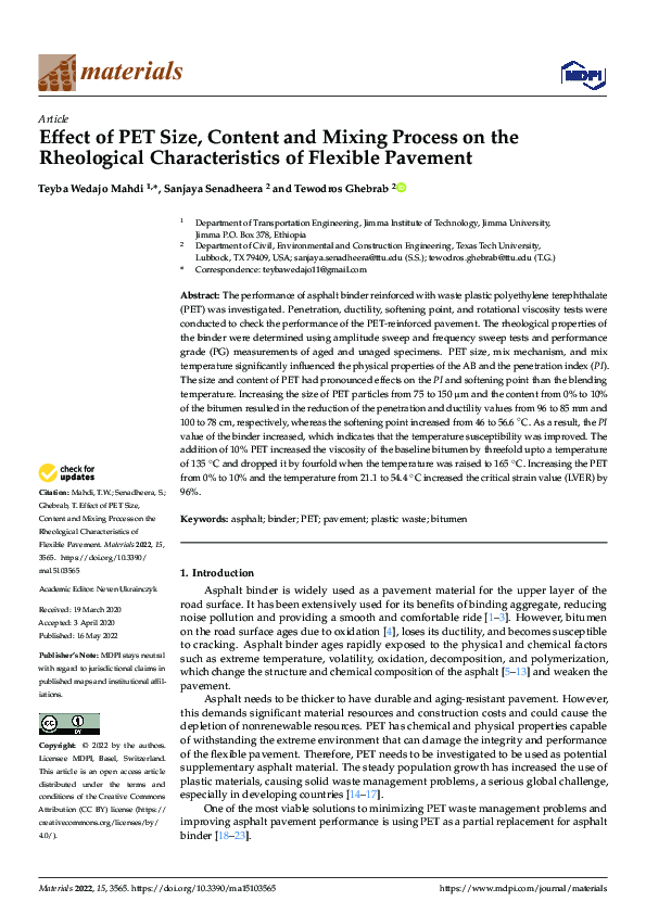 (PDF) Effect of PET Size, Content and Mixing Process on the Rheological ...