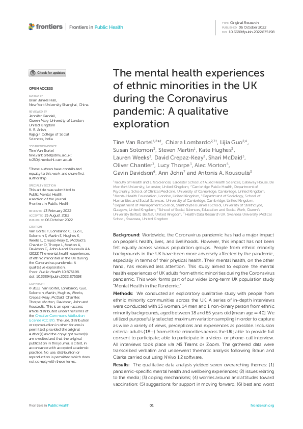 (PDF) The mental health experiences of ethnic minorities in the UK ...
