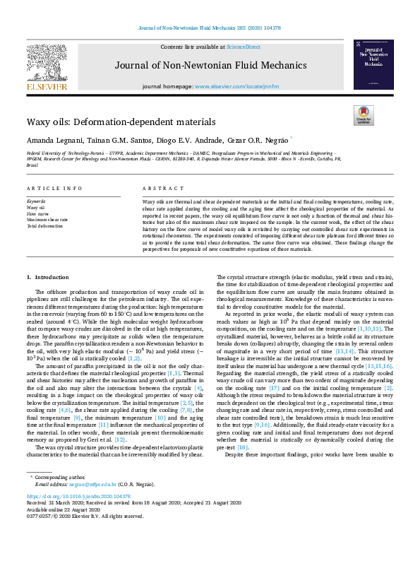 (PDF) Waxy oils: Deformation-dependent materials