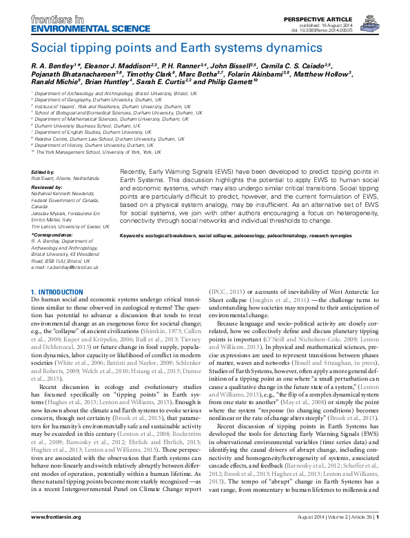 (PDF) Social tipping points and Earth systems dynamics