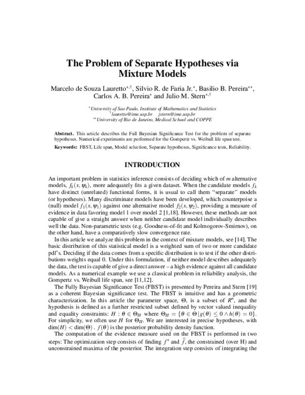 (PDF) The Problem of Separate Hypotheses via Mixture Models Julio