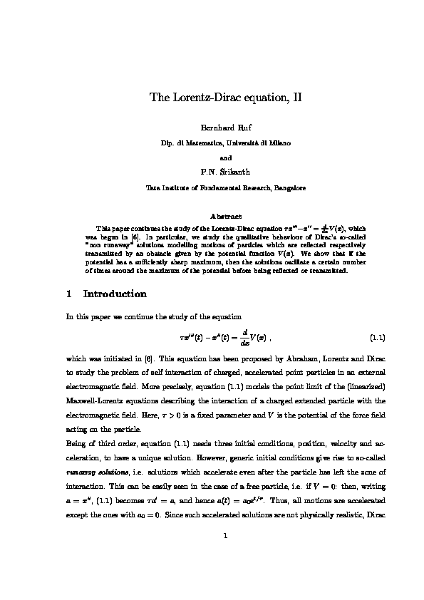 (PDF) The Lorentz–Dirac Equation, I