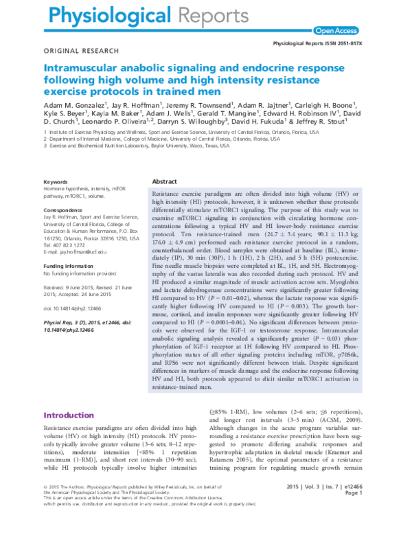 Intramuscular anabolic signaling and endocrine response following high volume and high intensity resistance exercise protocols in trained men