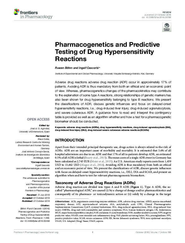 (PDF) Pharmacogenetics and Predictive Testing of Drug Hypersensitivity ...