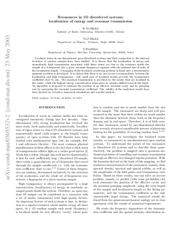 (PDF) Resonances in 1D disordered systems: localization of energy and ...