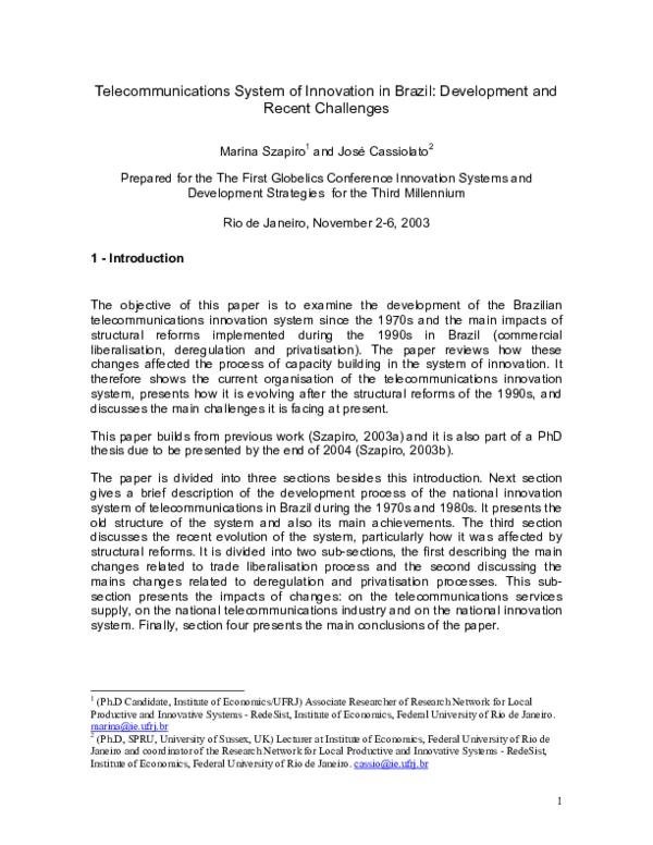 (PDF) The telecommunications system of innovation in Brazil ten years ...