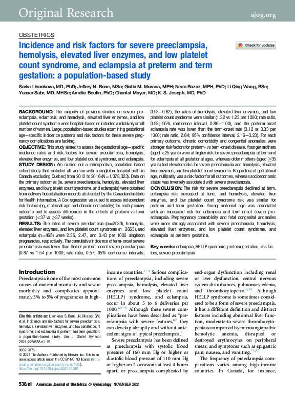 (PDF) Incidence and risk factors for severe preeclampsia, hemolysis ...