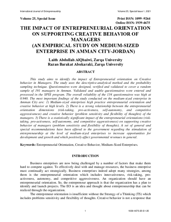 (PDF) The Impact of Entrepreneurial Orientation on Supporting Creative ...
