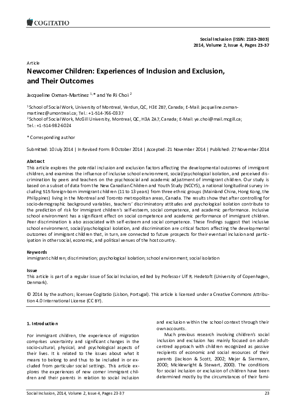 (PDF) Article Newcomer Children: Experiences of Inclusion and Exclusion ...