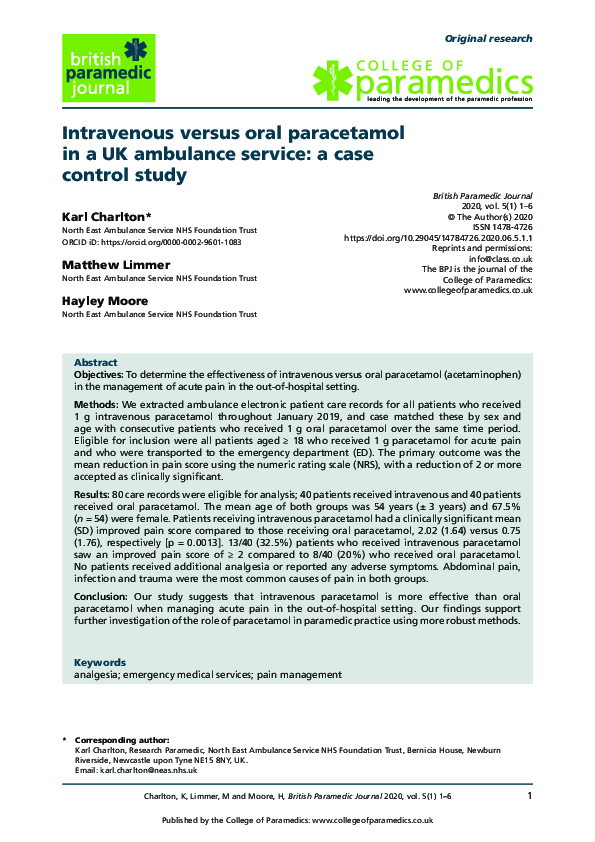 (PDF) Intravenous versus oral paracetamol in a UK ambulance service a