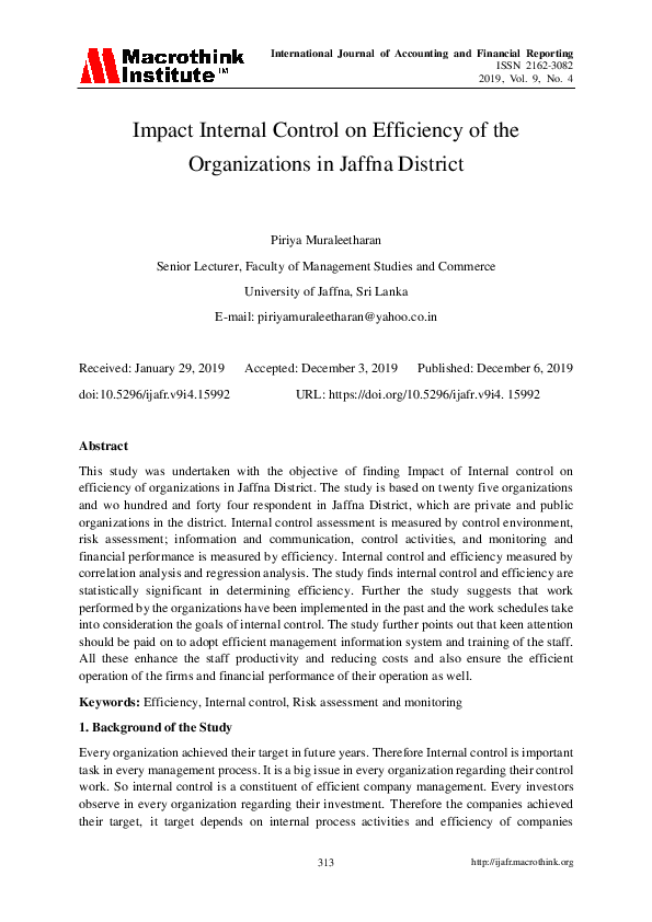 (PDF) Impact Internal Control on Efficiency of the Organizations in ...
