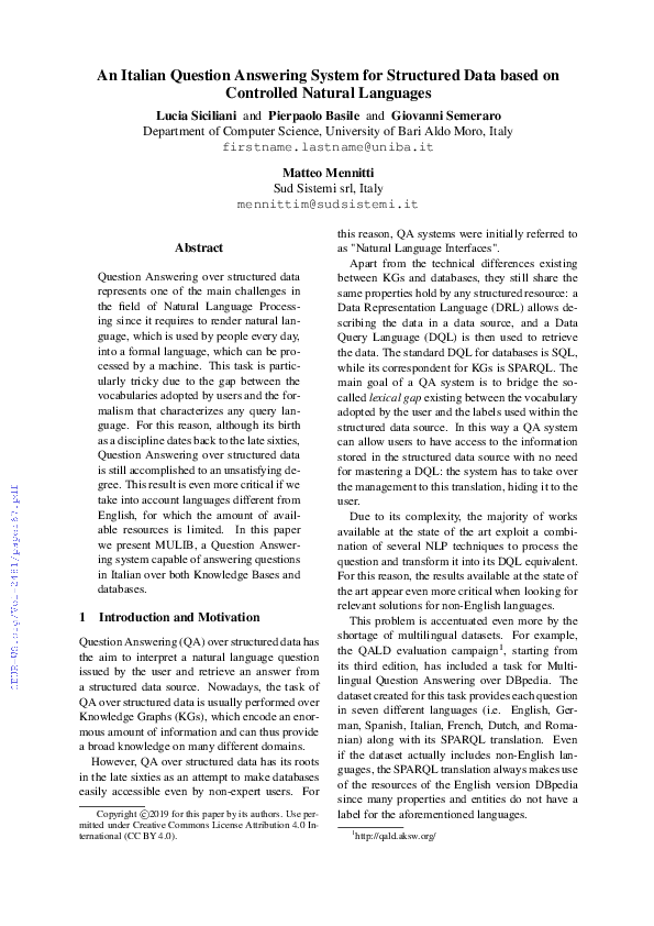 (PDF) An Italian Question Answering System for Structured Data based on ...