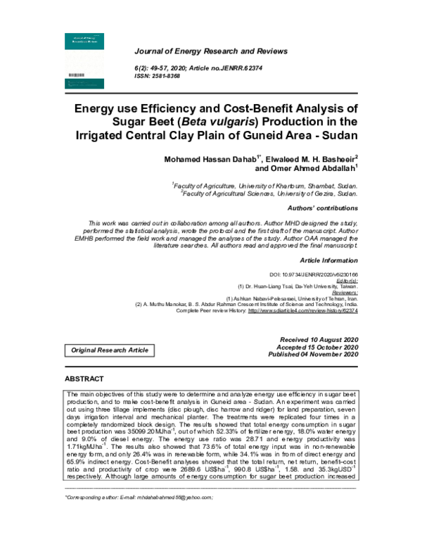 (PDF) Energy use Efficiency and Cost-Benefit Analysis of Sugar Beet ...