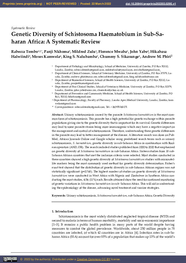 (PDF) Genetic Diversity of Schistosoma Haematobium in Sub-Saharan ...