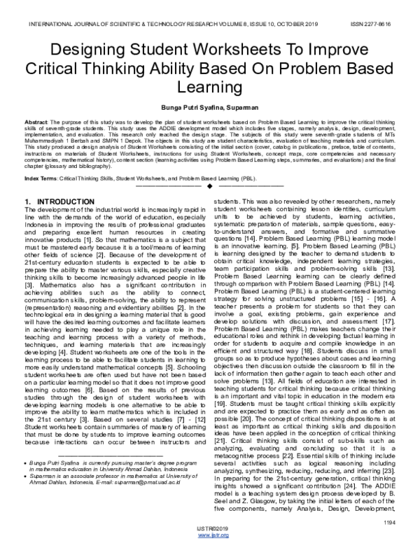 (PDF) Designing Student Worksheets To Improve Critical Thinking Ability ...