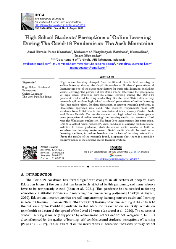 (PDF) High School Students' Perceptions of Online Learning During The ...