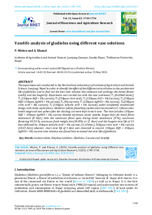 (PDF) Vaselife analysis of gladiolus using different vase solutions