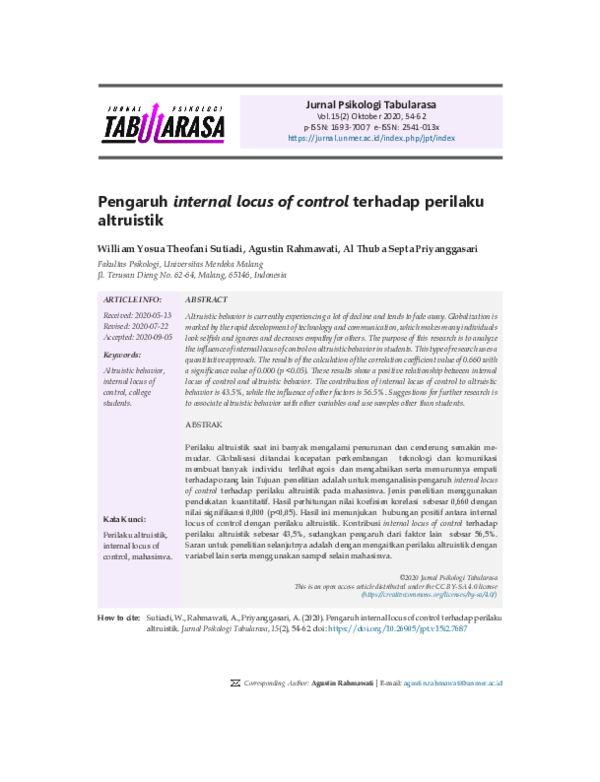 (PDF) Pengaruh internal locus of control terhadap perilaku altruistik