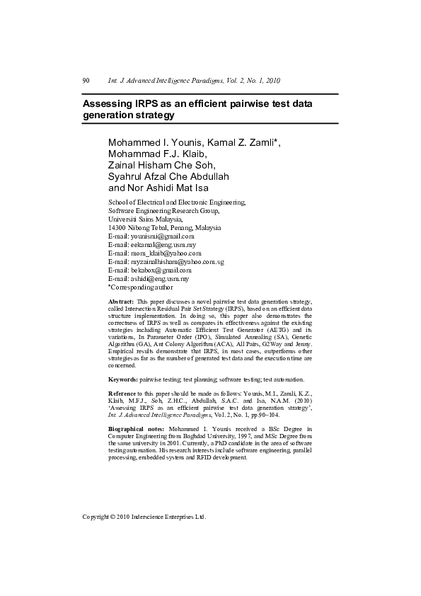 (PDF) Assessing IRPS as an efficient pairwise test data generation strategy