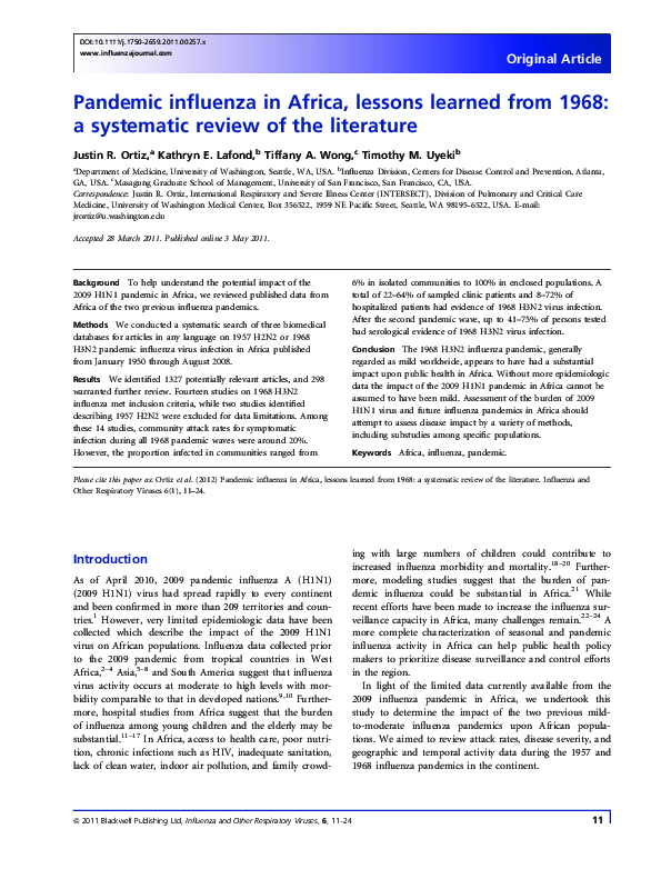 (PDF) Pandemic influenza in Africa, lessons learned from 1968: a ...