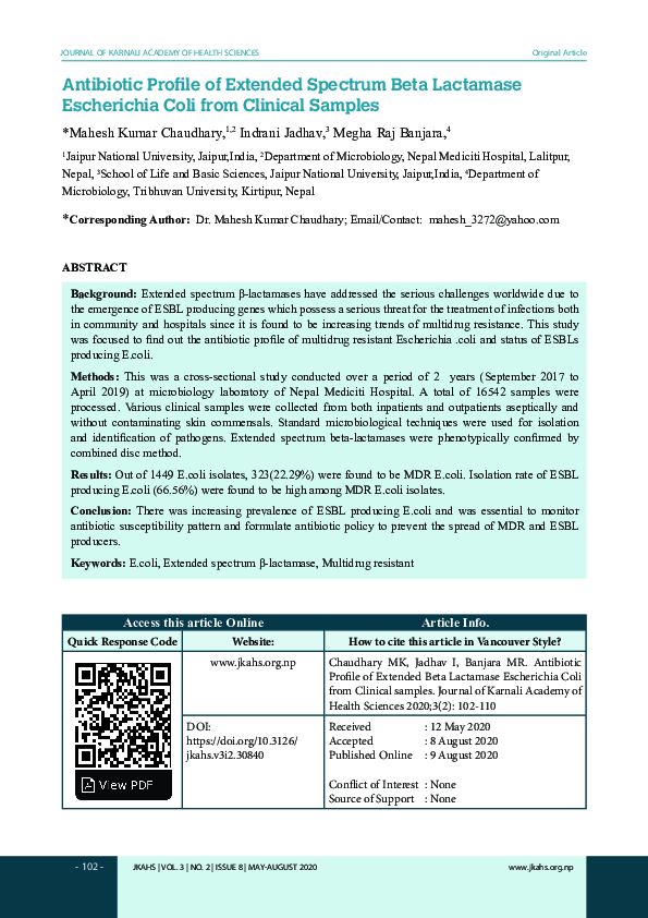 (PDF) Antibiotic Profile of Extended Spectrum Beta Lactamase ...