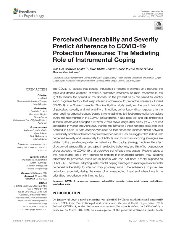 (PDF) Perceived Vulnerability and Severity Predict Adherence to COVID ...