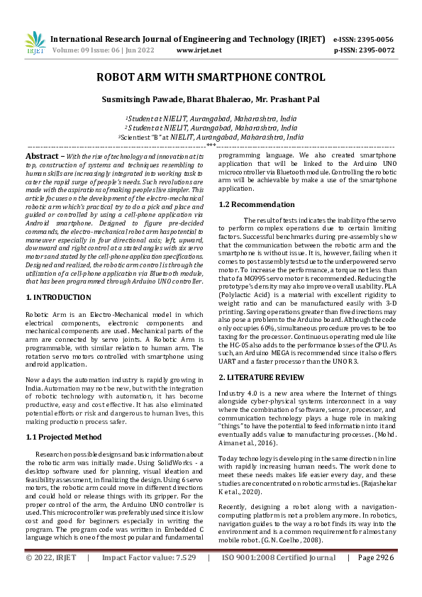 (PDF) ROBOT ARM WITH SMARTPHONE CONTROL