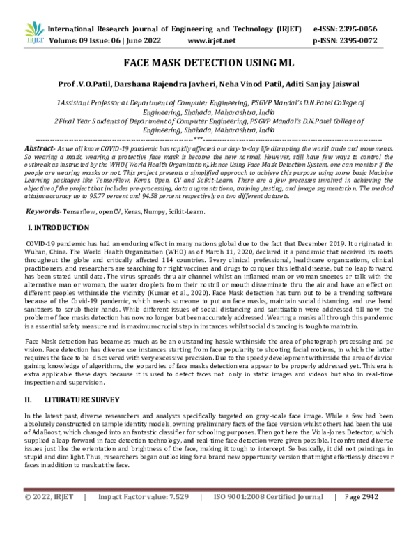 (PDF) FACE MASK DETECTION USING ML