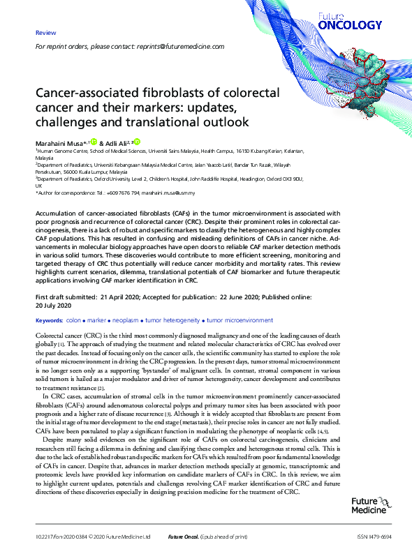 (PDF) Cancer-associated fibroblasts of colorectal cancer and their ...
