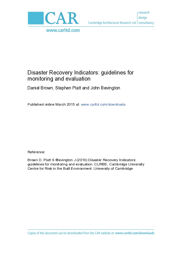 (PDF) Disaster Recovery Indicators: guidelines for monitoring and ...