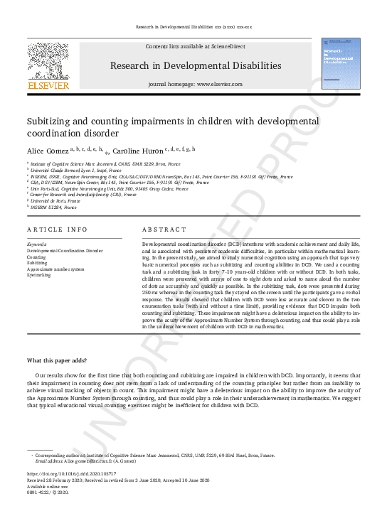 (PDF) Subitizing and counting impairments in children with ...
