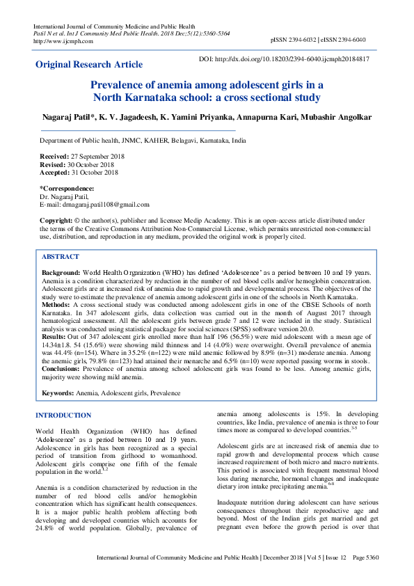 (PDF) Prevalence of anemia among adolescent girls in a North Karnataka ...
