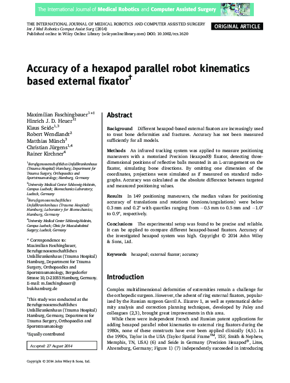(PDF) Accuracy of a hexapod parallel robot kinematics based external ...
