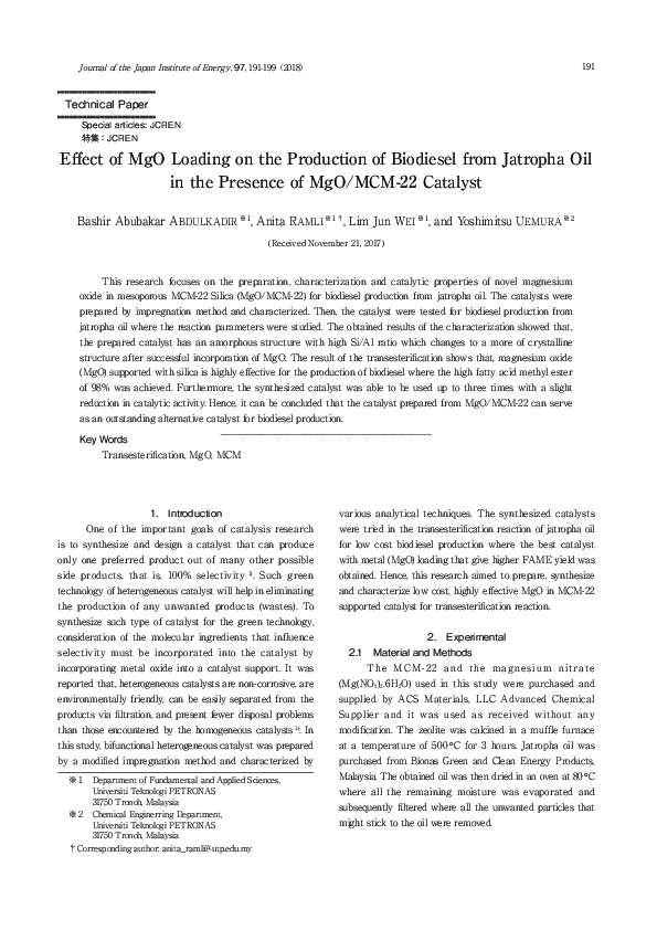 (PDF) Effect of MgO Loading on the Production of Biodiesel from ...