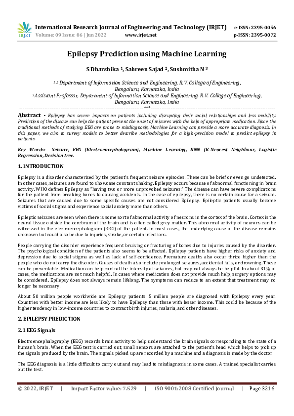 Pdf Epilepsy Prediction Using Machine Learning