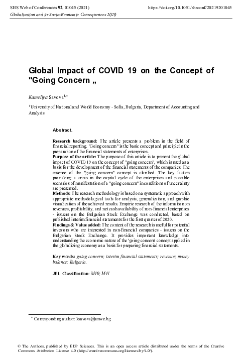(PDF) Global Impact of COVID 19 on the Concept of “Going Concern”