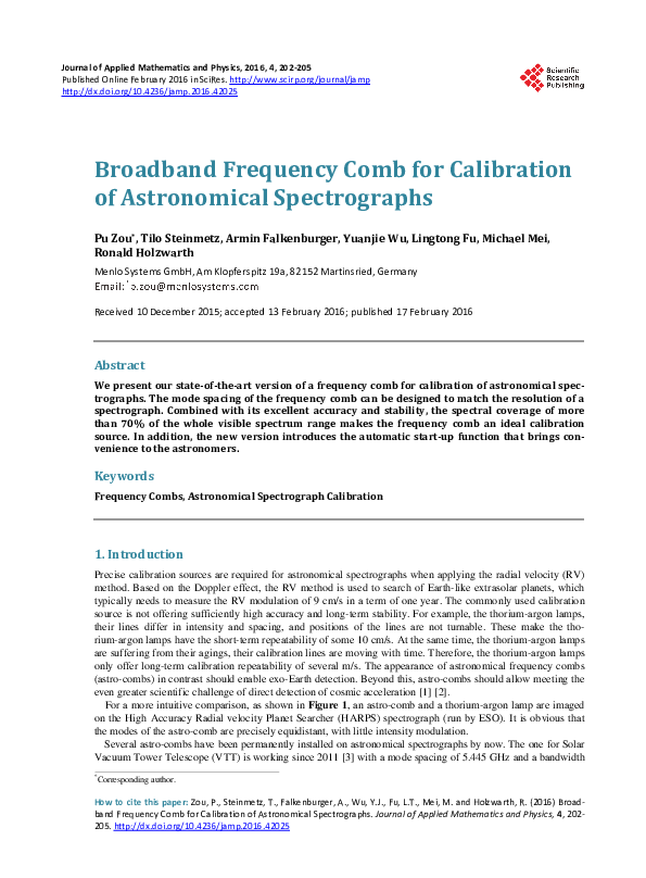 (PDF) Broadband Frequency Comb for Calibration of Astronomical ...