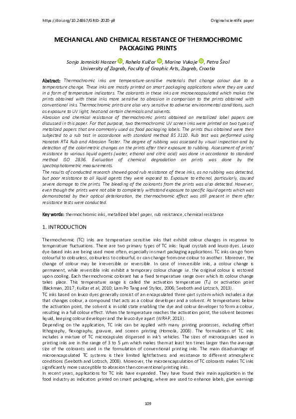(PDF) Mechanical and chemical resistance of thermochromic packaging prints