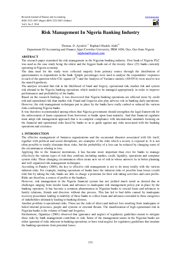 (PDF) Risk Management In Nigeria Banking Industry