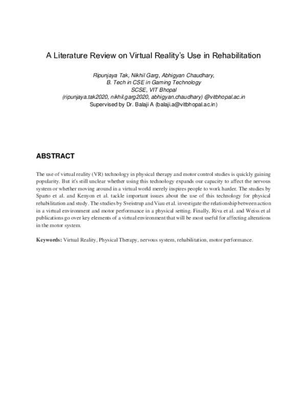 (PDF) A Literature Review on Virtual Reality's Use in Rehabilitation