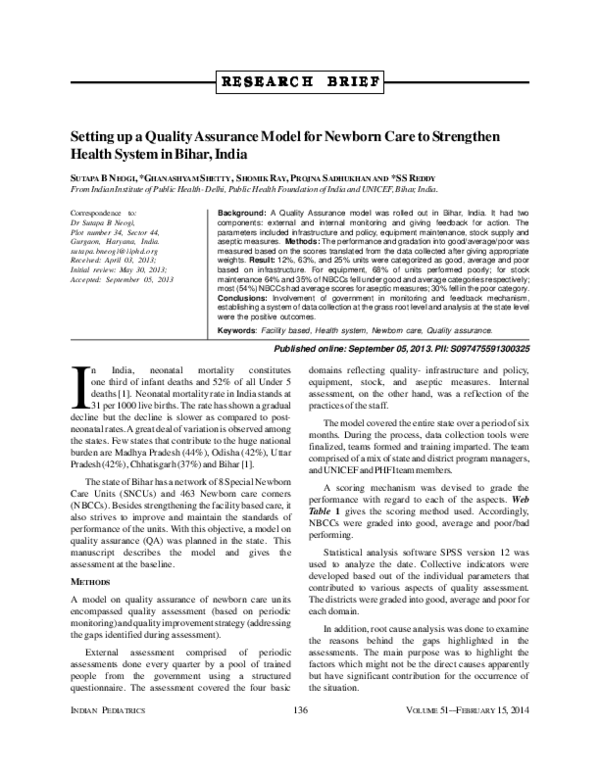 (PDF) Setting up a Quality Assurance model for newborn care to ...