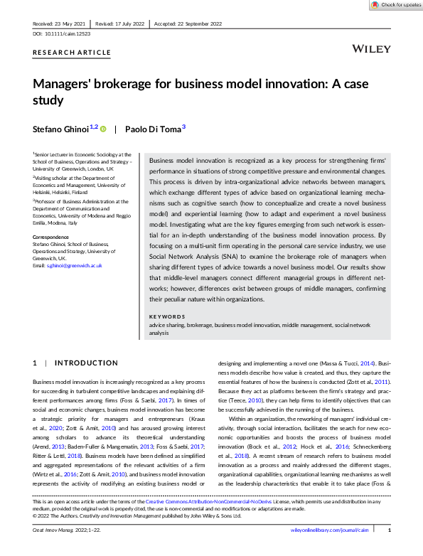 (PDF) Managers' brokerage for business model innovation: A case study