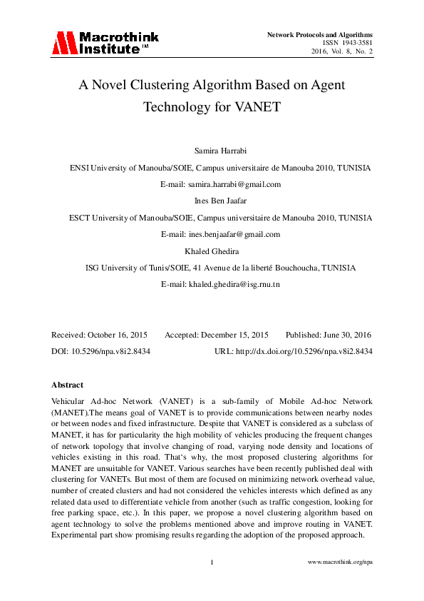 (PDF) A Novel Clustering Algorithm Based on Agent Technology for VANET