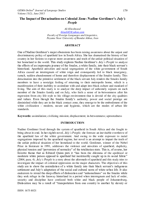 (PDF) The Impact of Deracination on Colonial Zone: Nadine Gordimer’s ...