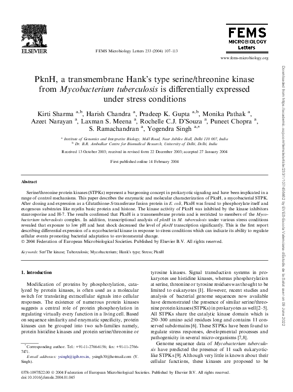 (PDF) PknH, a transmembrane Hank's type serine/threonine kinase ...