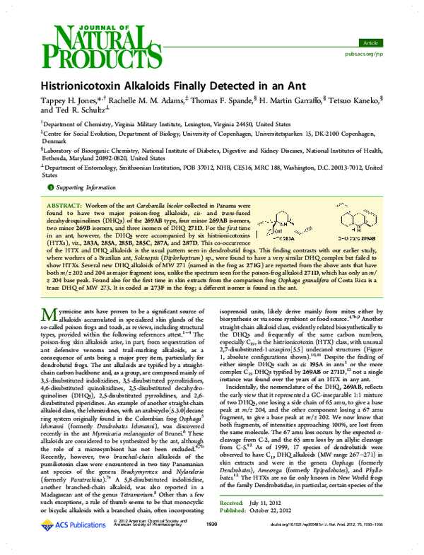(PDF) Histrionicotoxin Alkaloids Finally Detected in an Ant