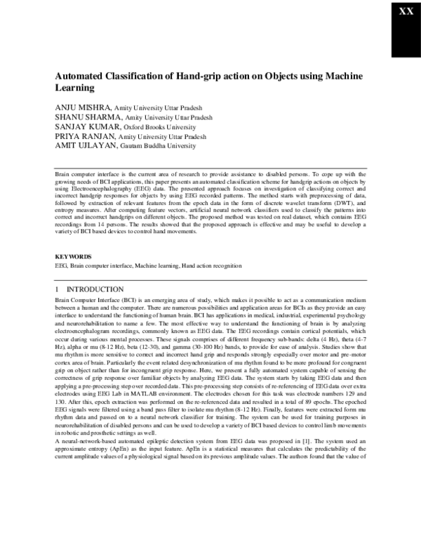 (PDF) Automated Classification of Hand-grip action on Objects using ...