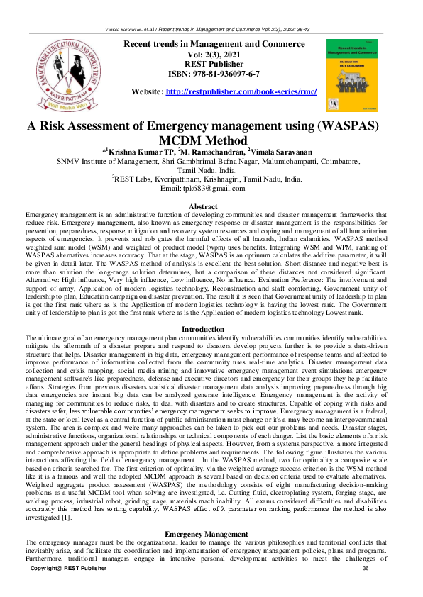 (PDF) A Risk Assessment of Emergency management using (WASPAS) MCDM Method