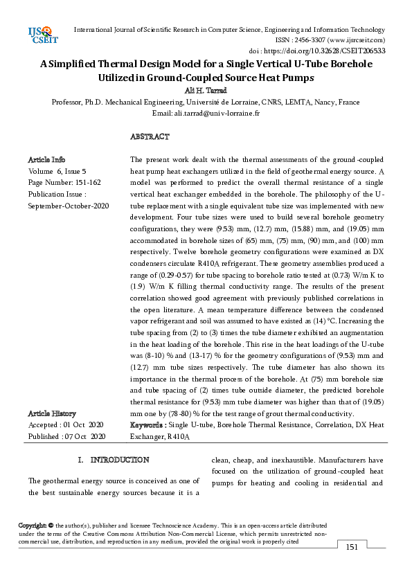 (PDF) A Simplified Thermal Design Model for a Single Vertical U-Tube ...