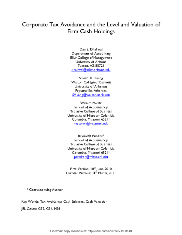 (PDF) Corporate Tax Avoidance and the Level and Valuation of Firm Cash ...